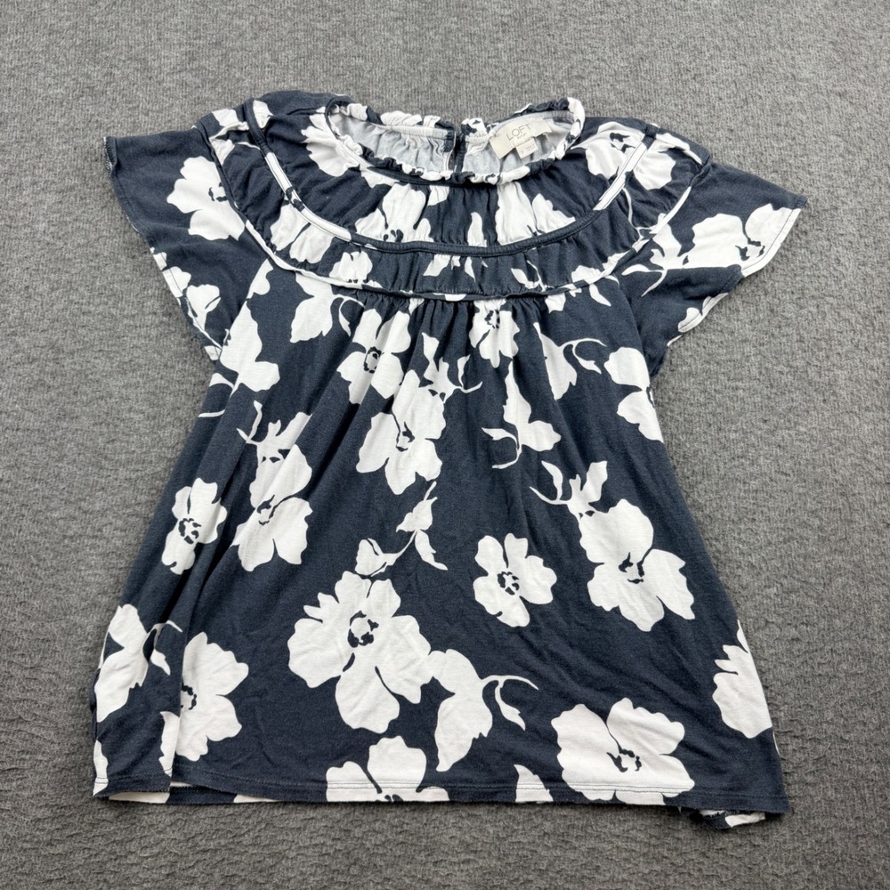 Loft Outlet White Floral Women's S Small Flutter Sleeve Ruffle Neck Blouse Top‎